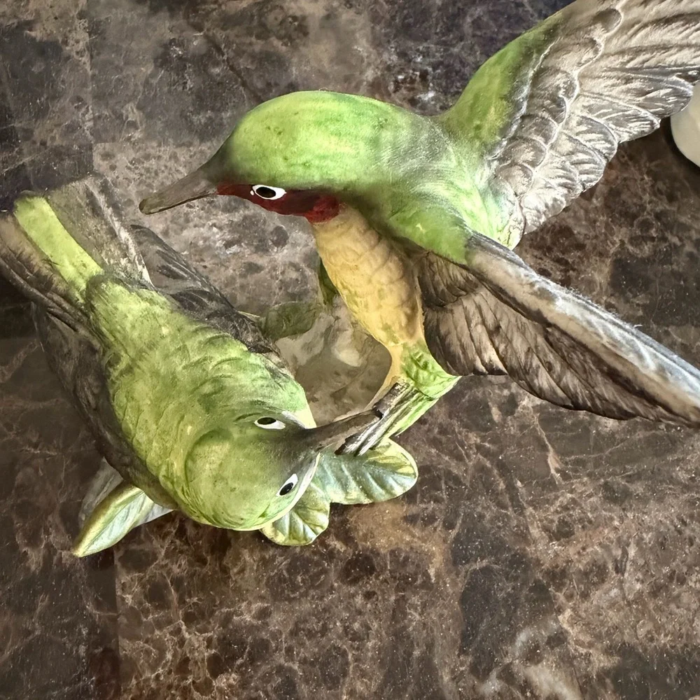 Green Ceramic Hummingbird Figurine Pair - Decorative Bird Statues